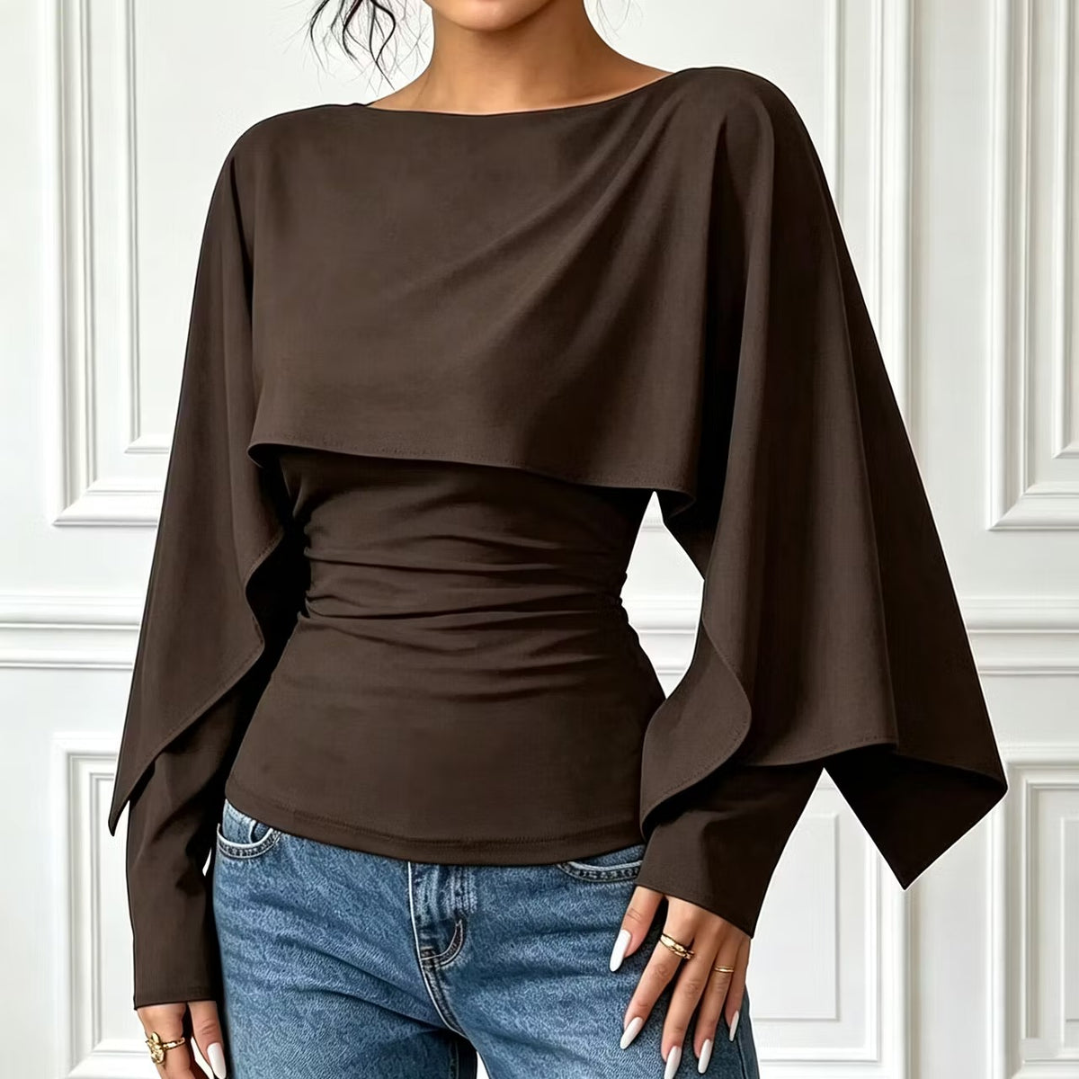 š„Beige Asymmetric Cape Neck Ruched Blouse