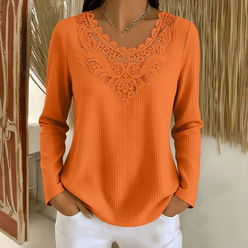 š„Lace V-Neck Waffle Knit Long Sleeve Top