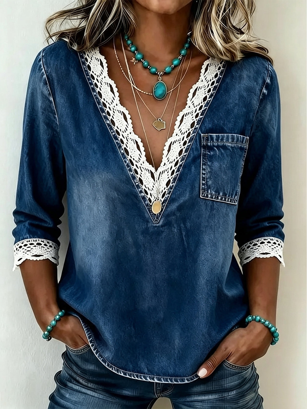 Women'S Casual V-Neck Lace Patch Denim Shirt