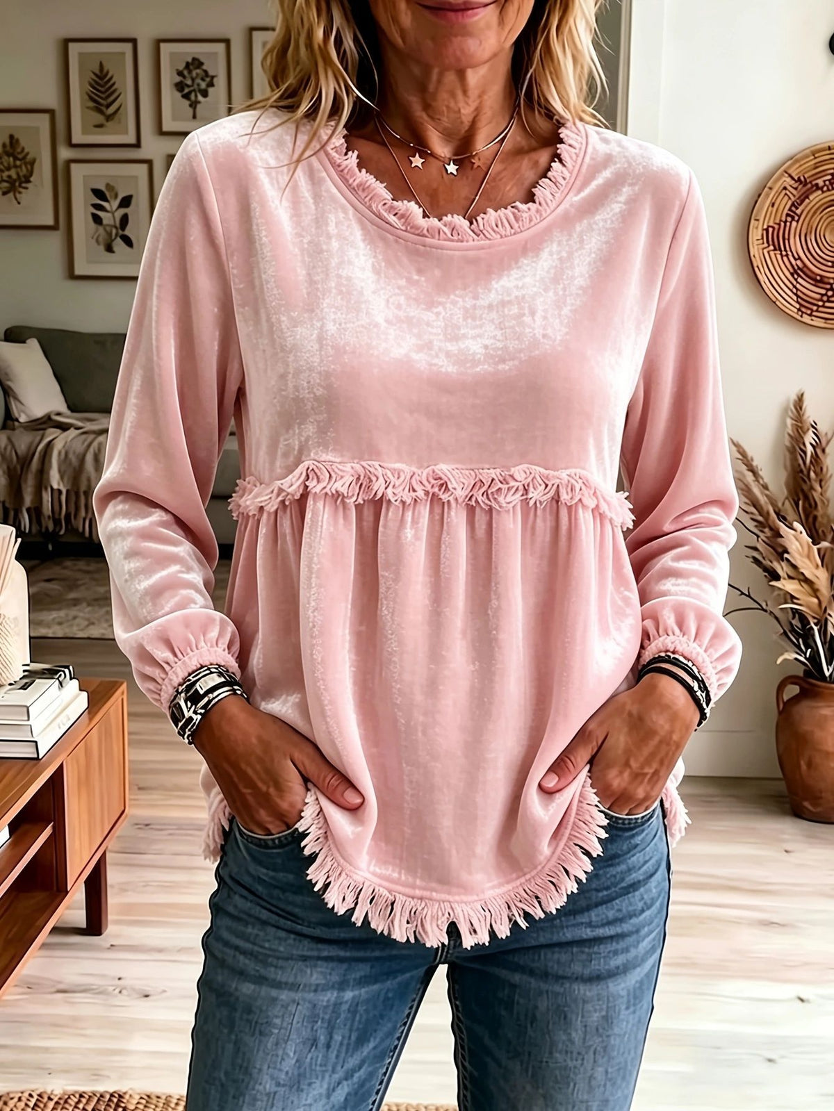 Women's Velvet Fringe Trim Blouse, Vintage Long Sleeve Top