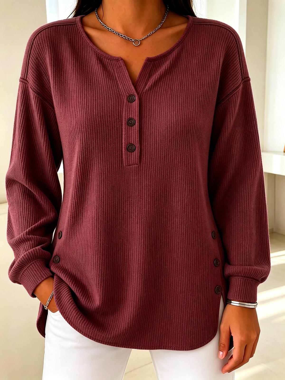 Women’s Ribbed Knit Henley Top Long Sleeve Loose Fit Curved Hem Blouse