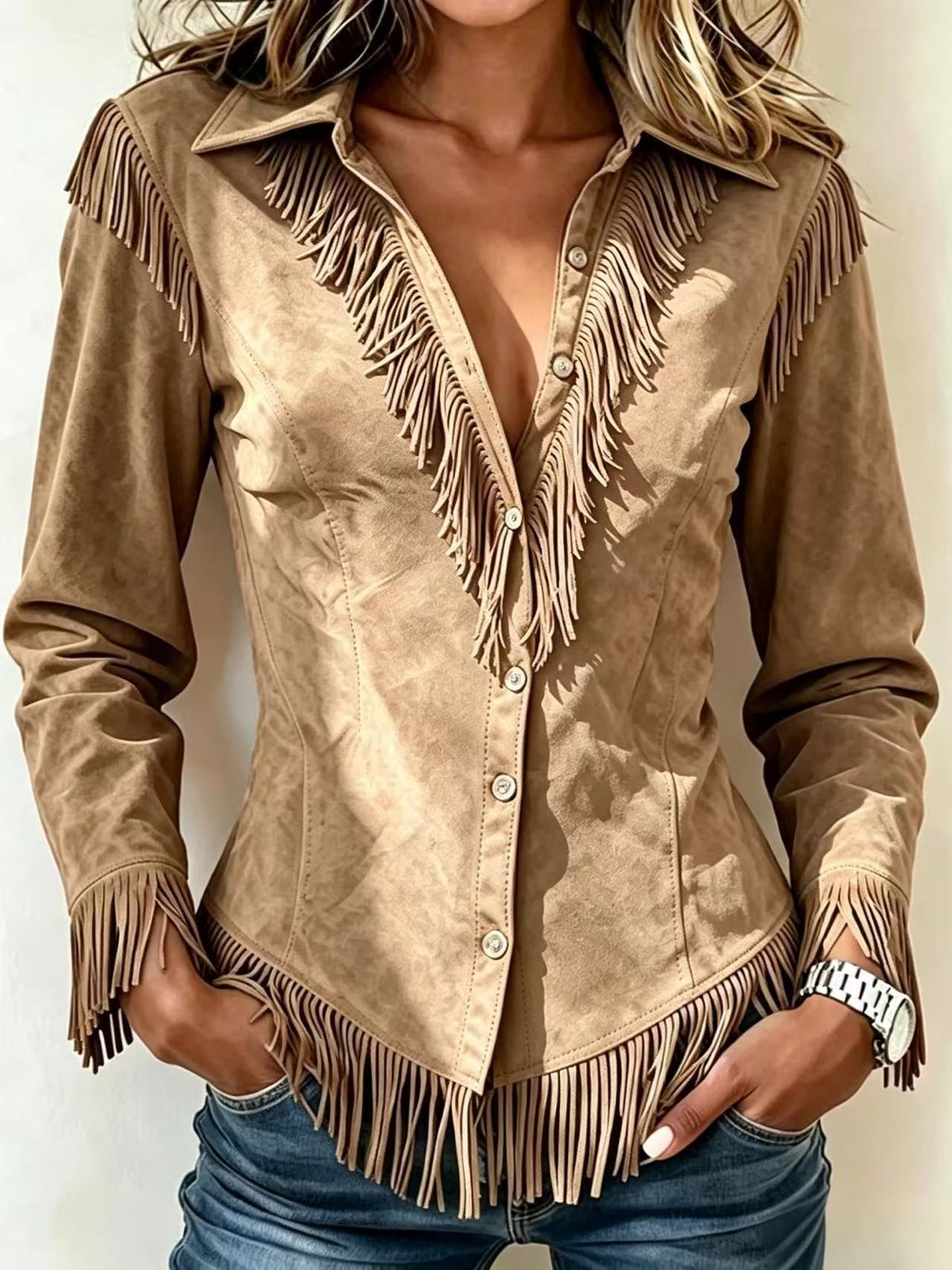 Women's Shirt Blouse Patchwork Buttons Fringe Plain Bohemia Stylish Western Long Sleeve Shirt Collar Regular Tops