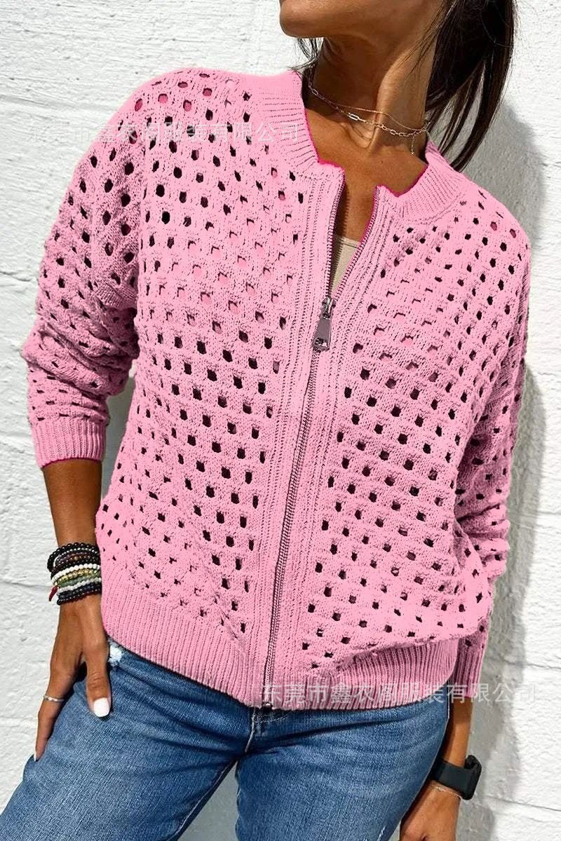 Women’s Casual Hollow Knitwear Zipper Jacket, Crochet Fishnet Knit Shrugs Sweater Jacket Lightweight Cardigans Sweater