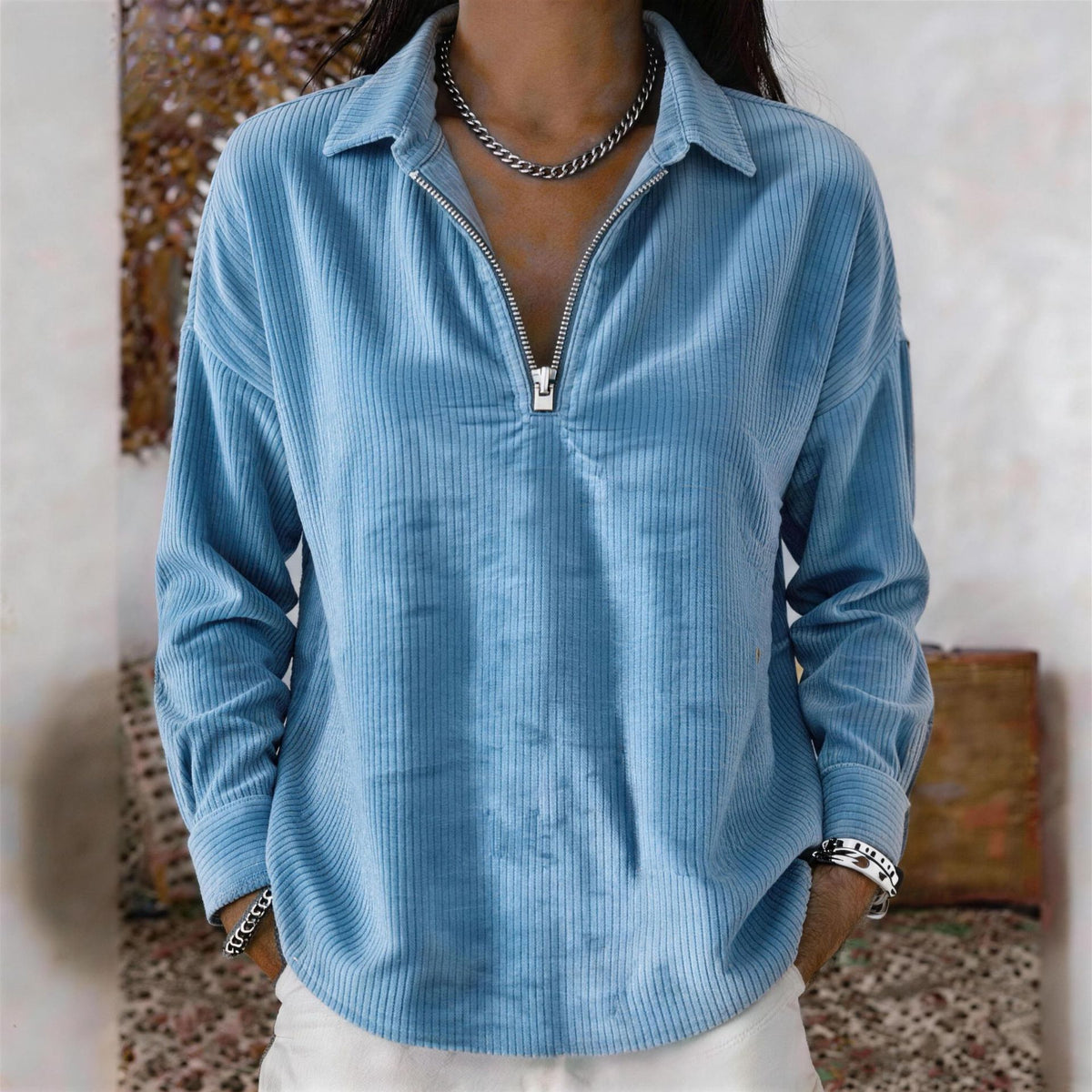 Women's Corduroy Shirt Zipper Daily Long Sleeve V Neck Regular Tops