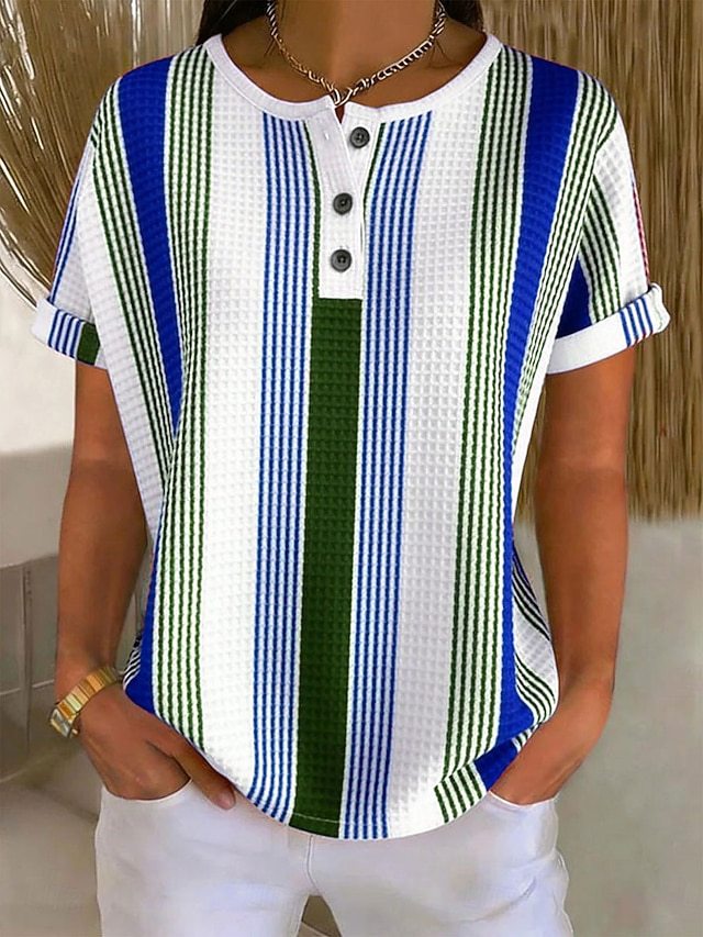 Waffle Knit Colorful Striped Henley Neck Rolled Short Sleeve Top