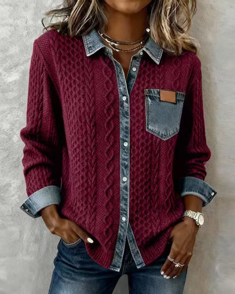 Cable Knit Denim Patchwork Button Down Shirt