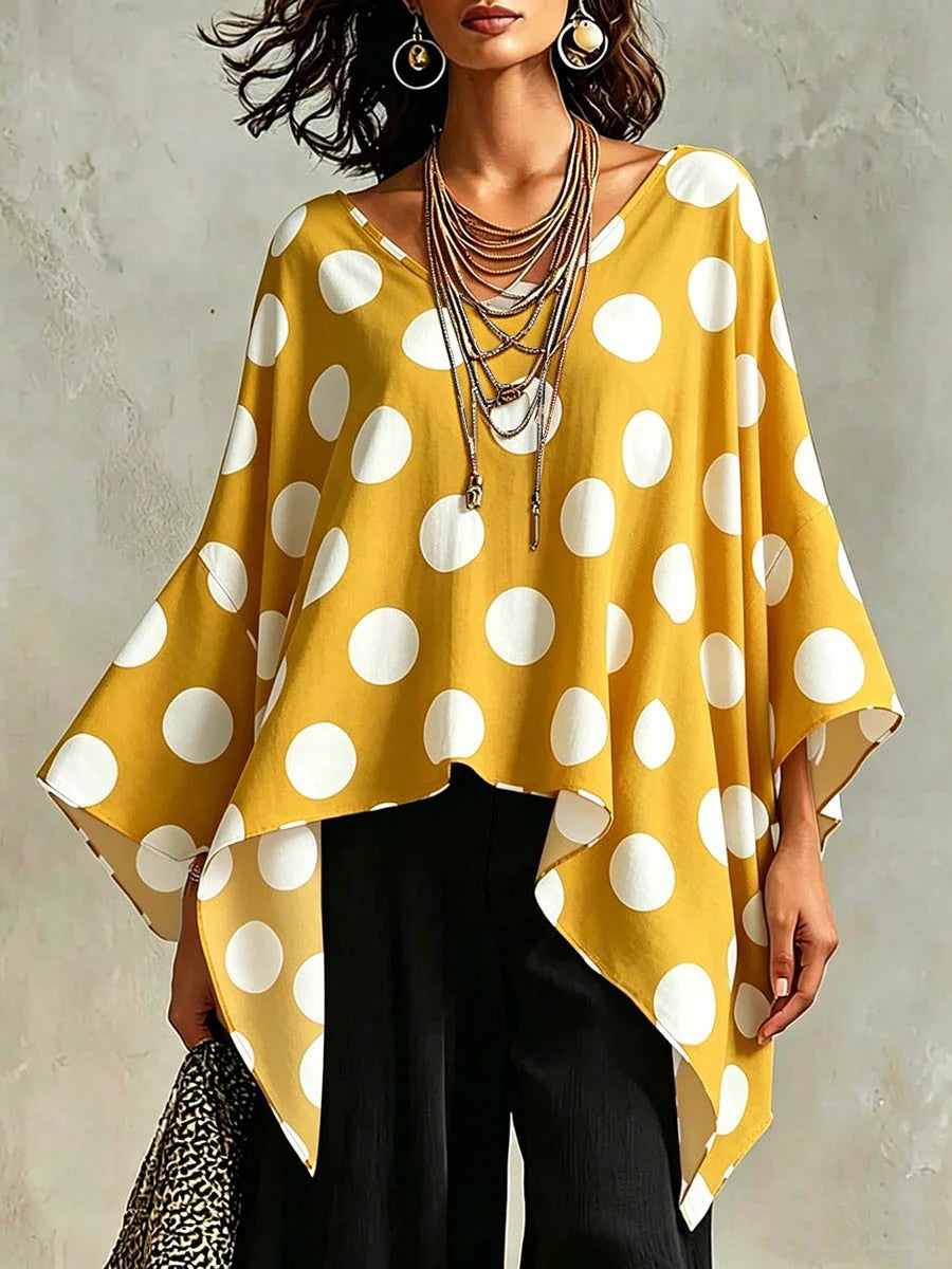 Women's Polka Dot & Geometric Print V-neck 3/4-sleeve Casual Loose Cotton-linen Top