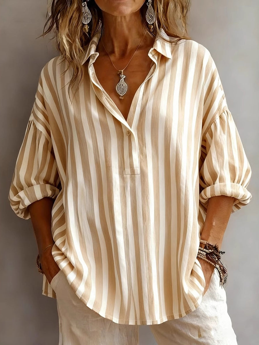 Long Sleeves Loose Buttoned Contrast Color Striped Lapel Blouses&Shirts Tops