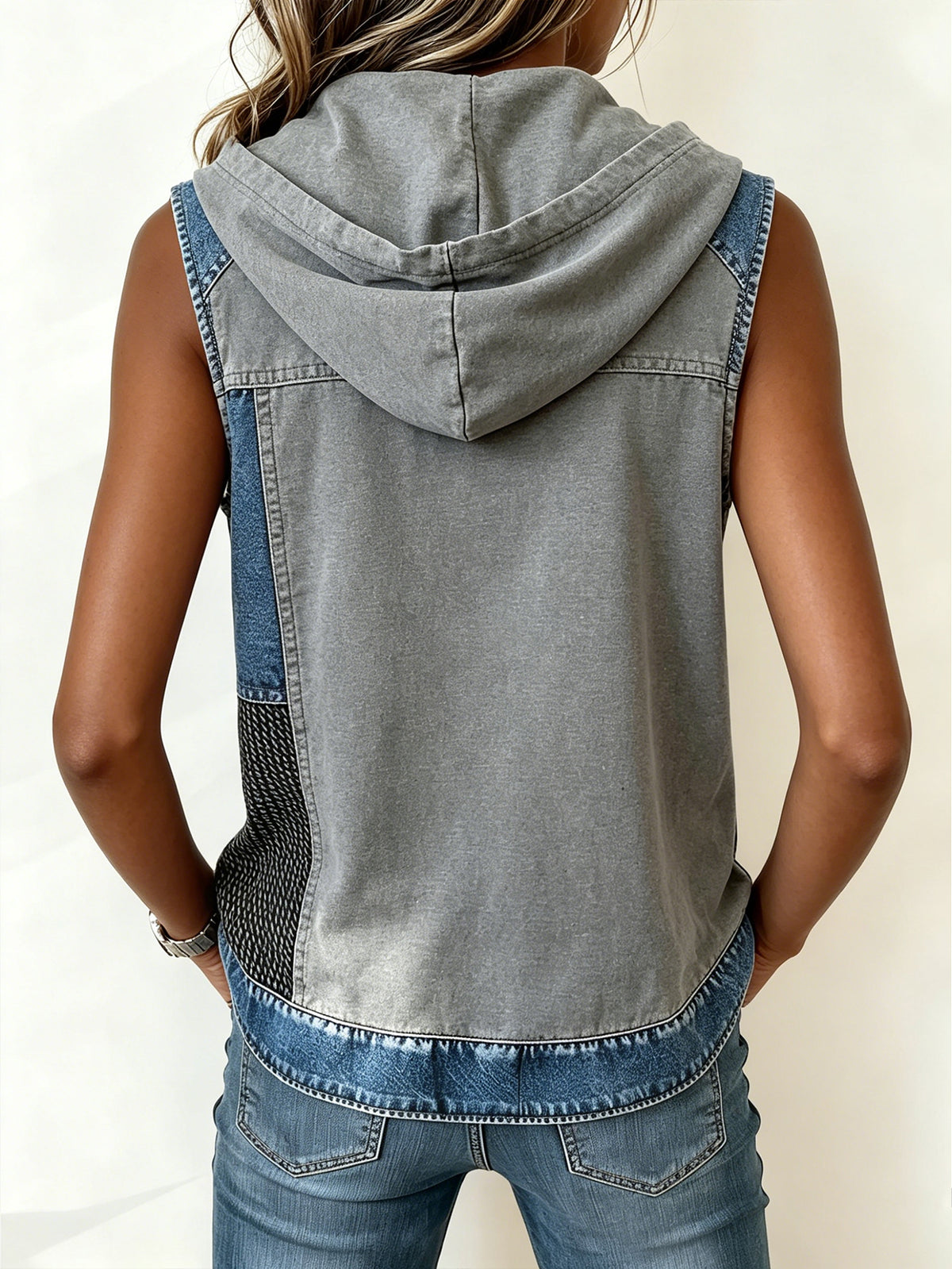 Women's Color Block Denim Patchwork Hooded Sleeveless Top Casual Loose Fit Tank