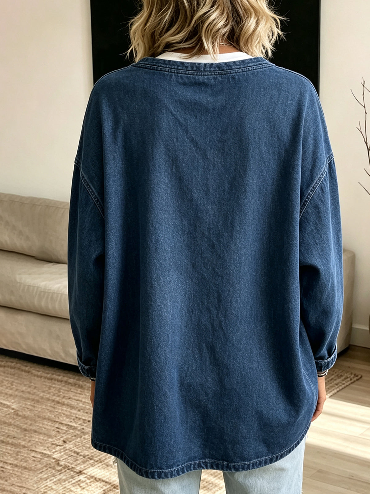 đ€ Womenâs Round Neck Denim Top Half Zip Long Sleeve Loose Fit Casual Blouse