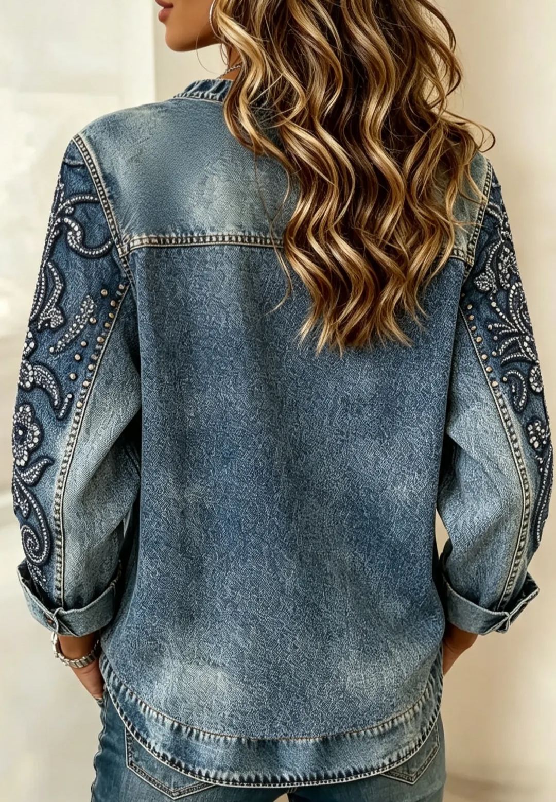 Women’s Vintage Denim Patchwork Top, Casual Loose Fit Long Sleeve Round Neck Pullover Shirt