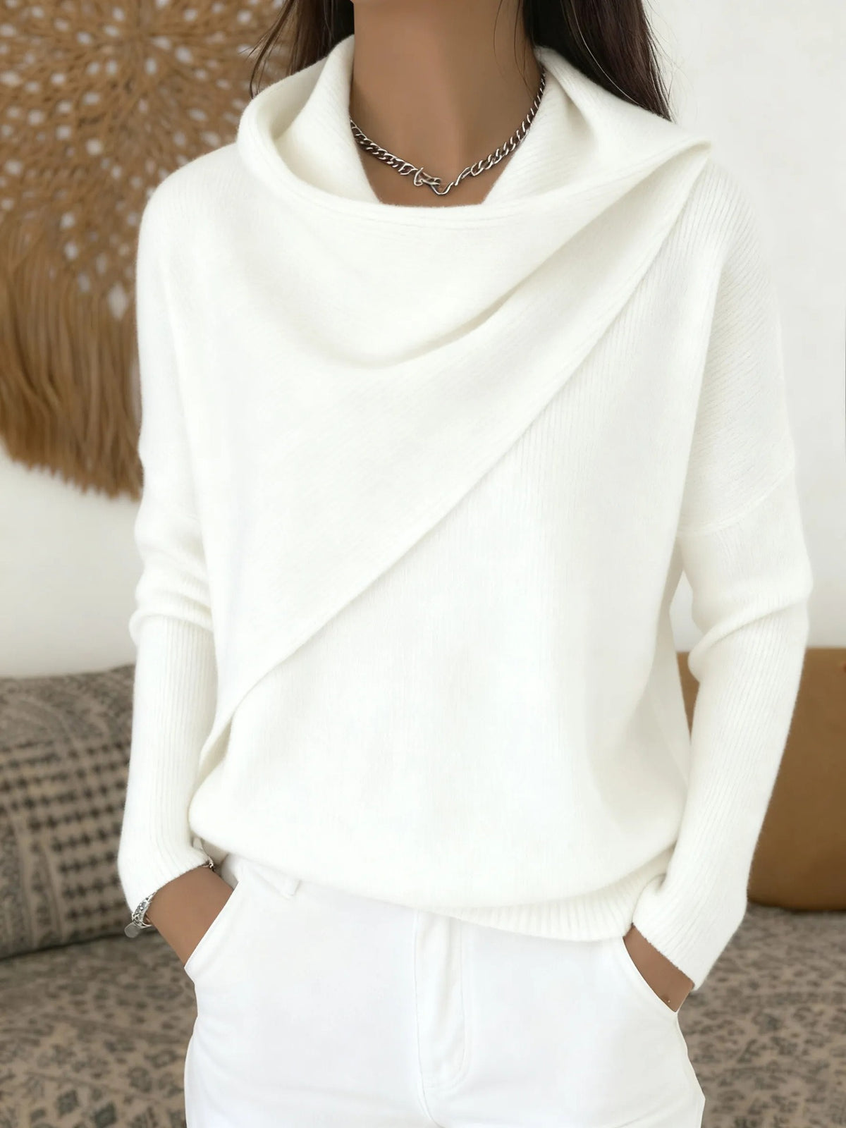 Women Cross Wrap Draped Cowl Neck Knit Pullover, Loose Long Sleeve Sweater