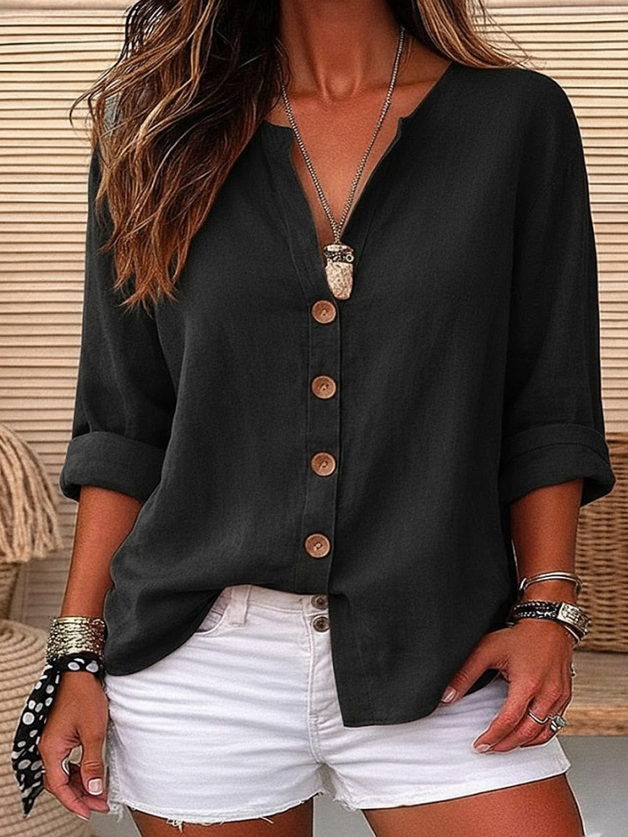 Women's Linen Button V-Neck Blouse Casual 3/4 Sleeve Top for Spring, Summer & Fall