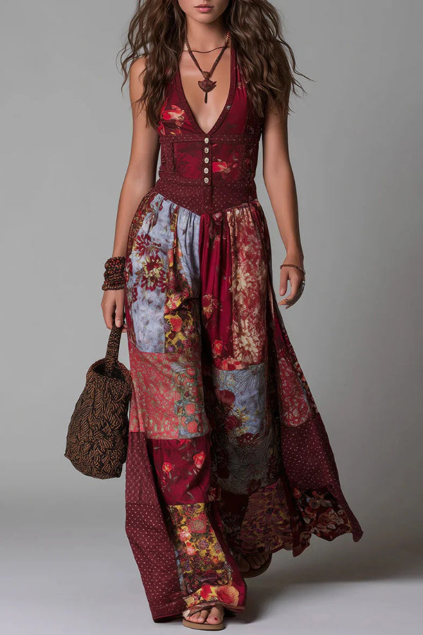 Women Vintage Patchwork Bohemian Maxi Dress