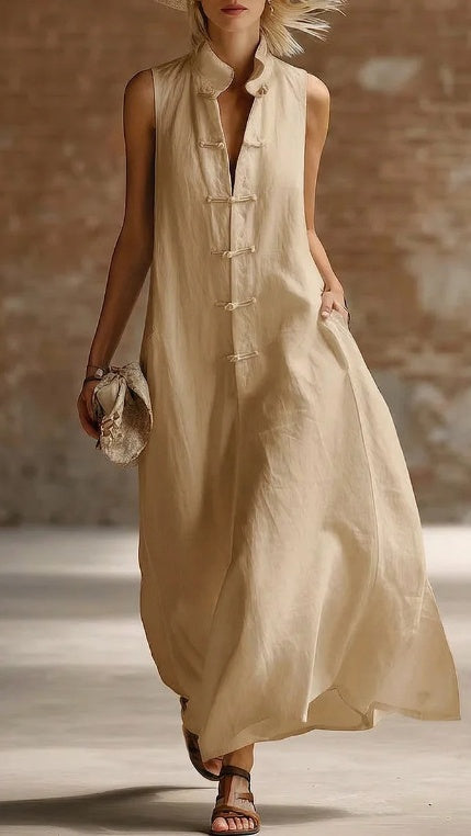 【Free Shipping on 2 items.】Women's Loose-Fit Stand-Collar Linen-Cotton Dress
