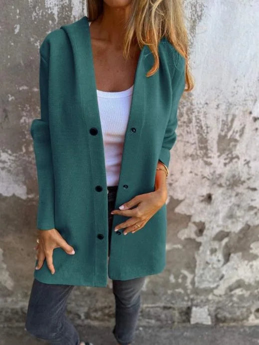 Women’s Hooded Mid-Length Cardigan Coat, Casual Button Front Oversized Jacket