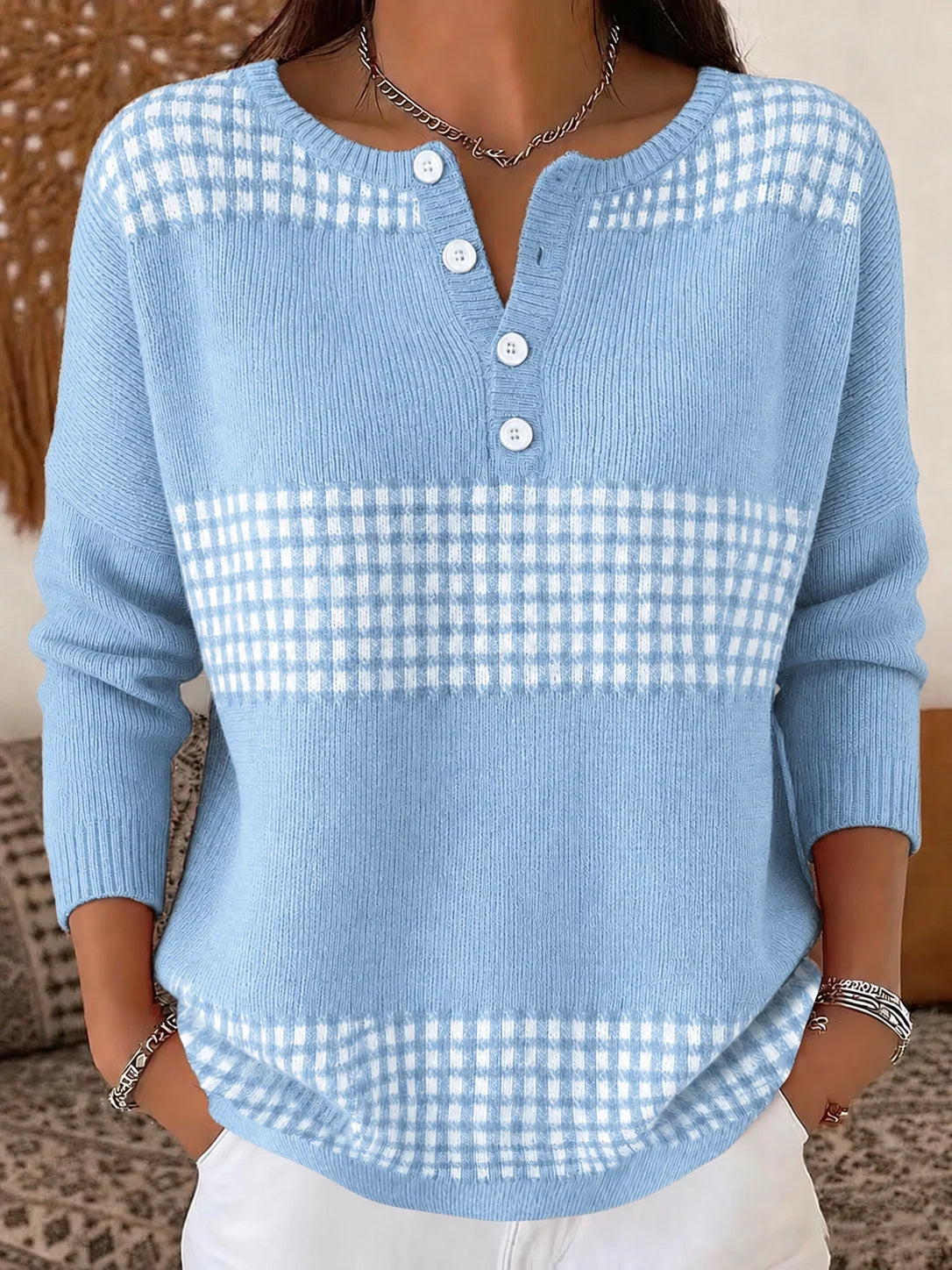 Women’s Half-Button Round Neck Plaid Colorblock Knit Sweater