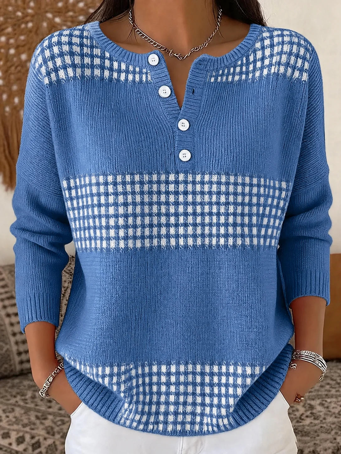 Women’s Half-Button Round Neck Plaid Colorblock Knit Sweater