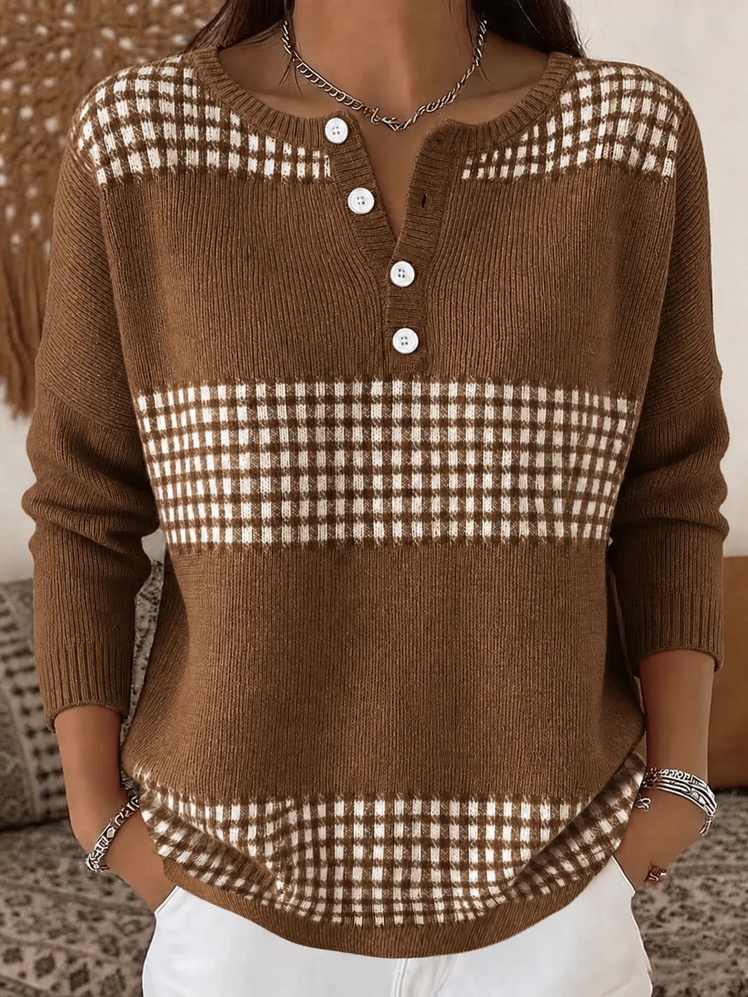 Women’s Half-Button Round Neck Plaid Colorblock Knit Sweater