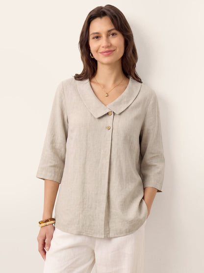 50% OFF | Women's Linen Long-Sleeve Top with Asymmetric Neckline & Inverted Pleat