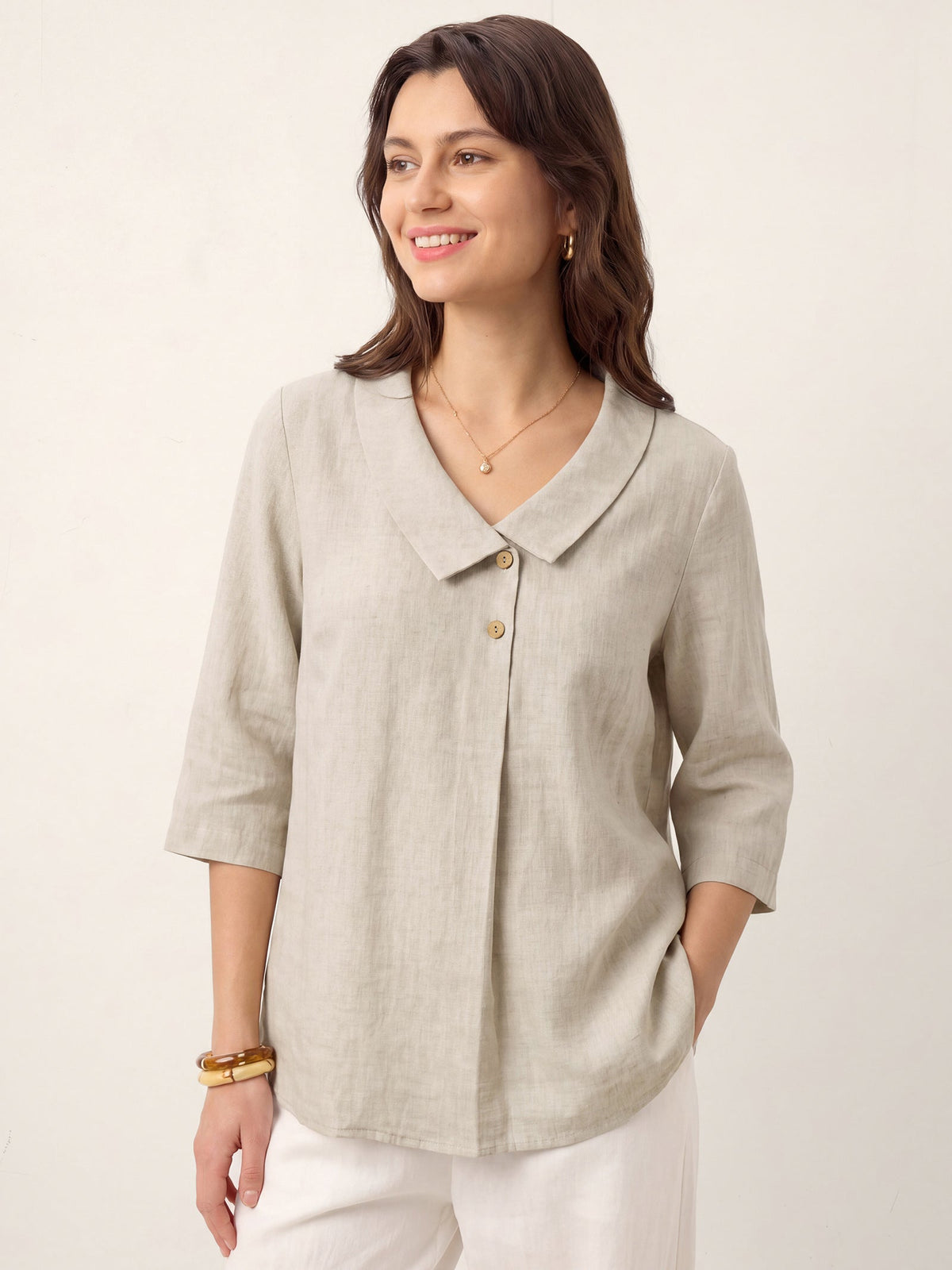 50% OFF | Women's Linen Long-Sleeve Top with Asymmetric Neckline & Inverted Pleat