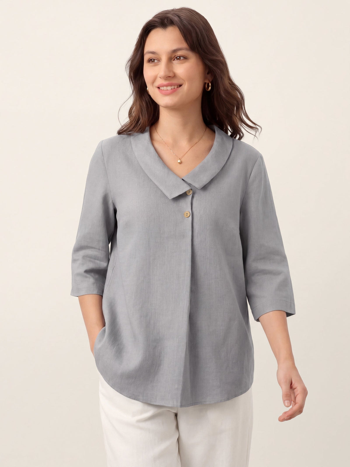 50% OFF | Women's Linen Long-Sleeve Top with Asymmetric Neckline & Inverted Pleat