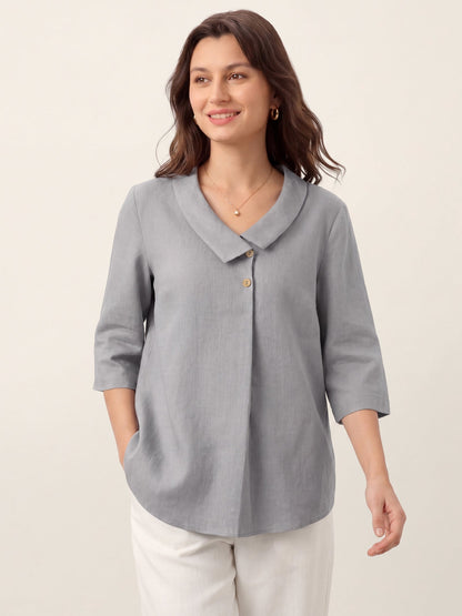 50% OFF | Women's Linen Long-Sleeve Top with Asymmetric Neckline & Inverted Pleat