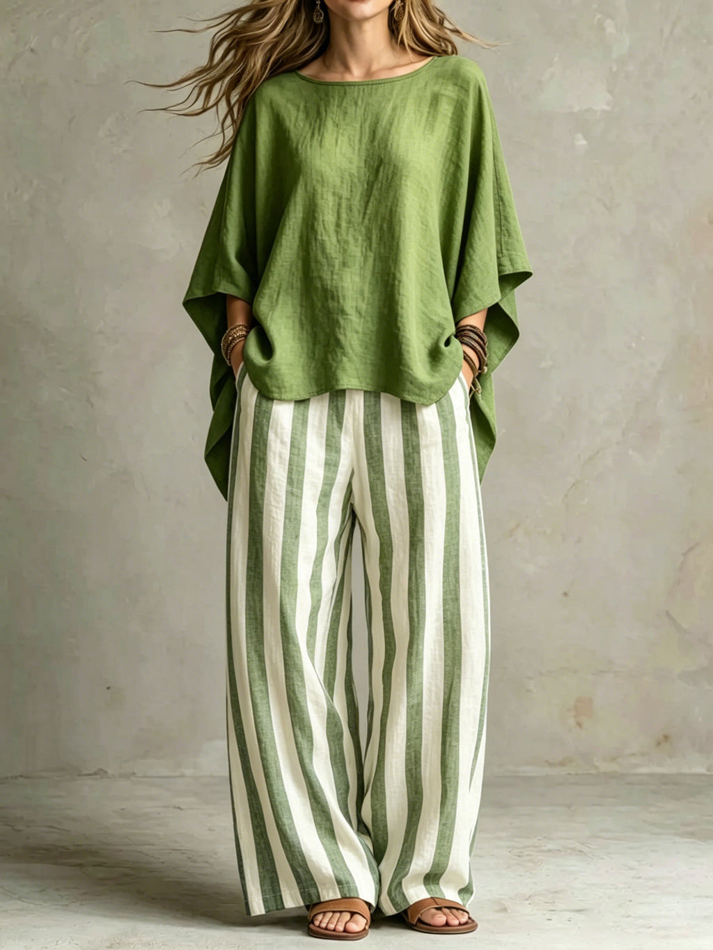 Women Relaxed Linen Stripe Wide-Leg Set
