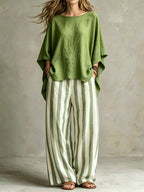 Women Relaxed Linen Stripe Wide-Leg Set