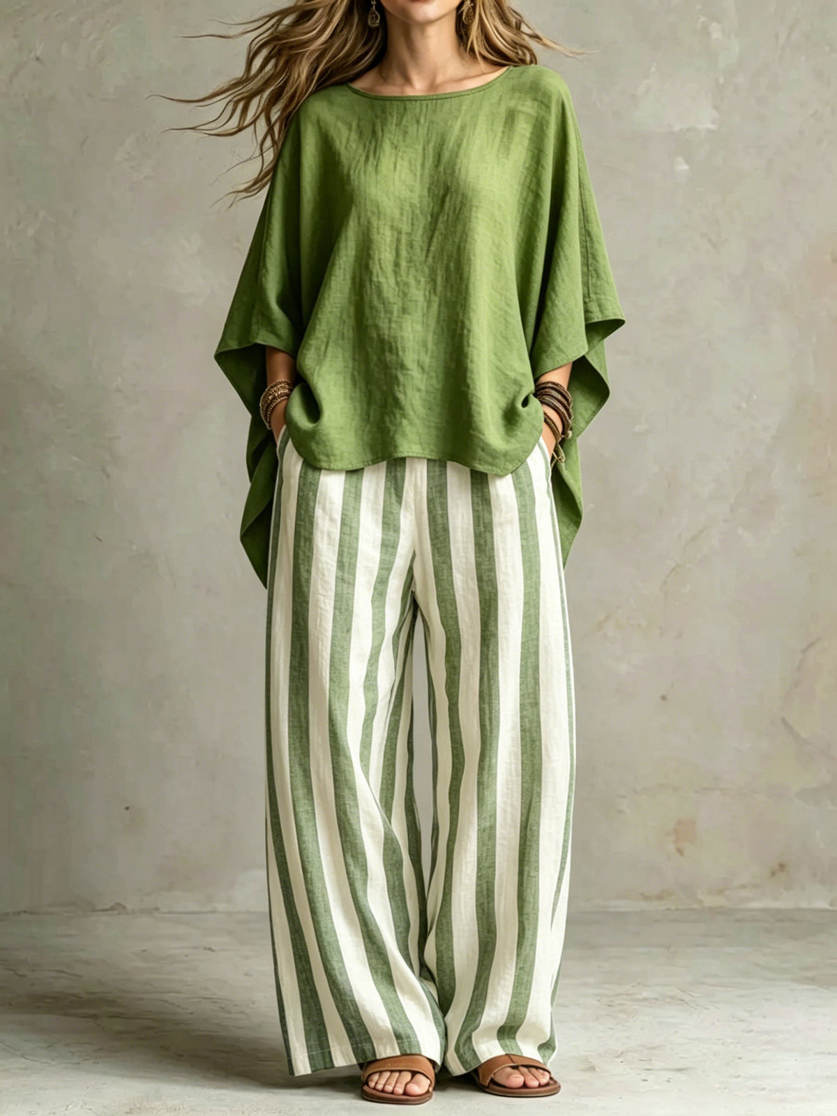 Women Relaxed Linen Stripe Wide-Leg Set