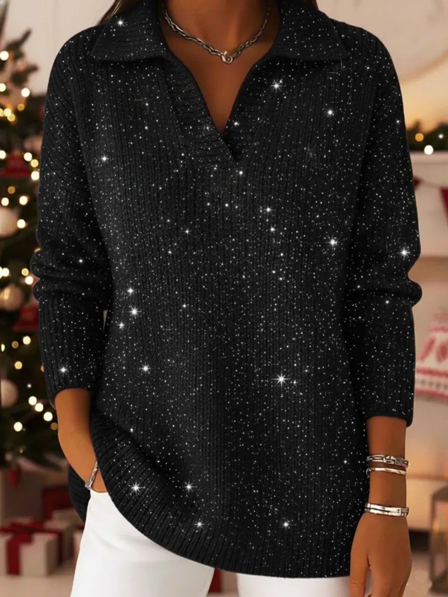 ✨ New Year Ready | Elegant Polo Collar Shiny Loose Sweater Top