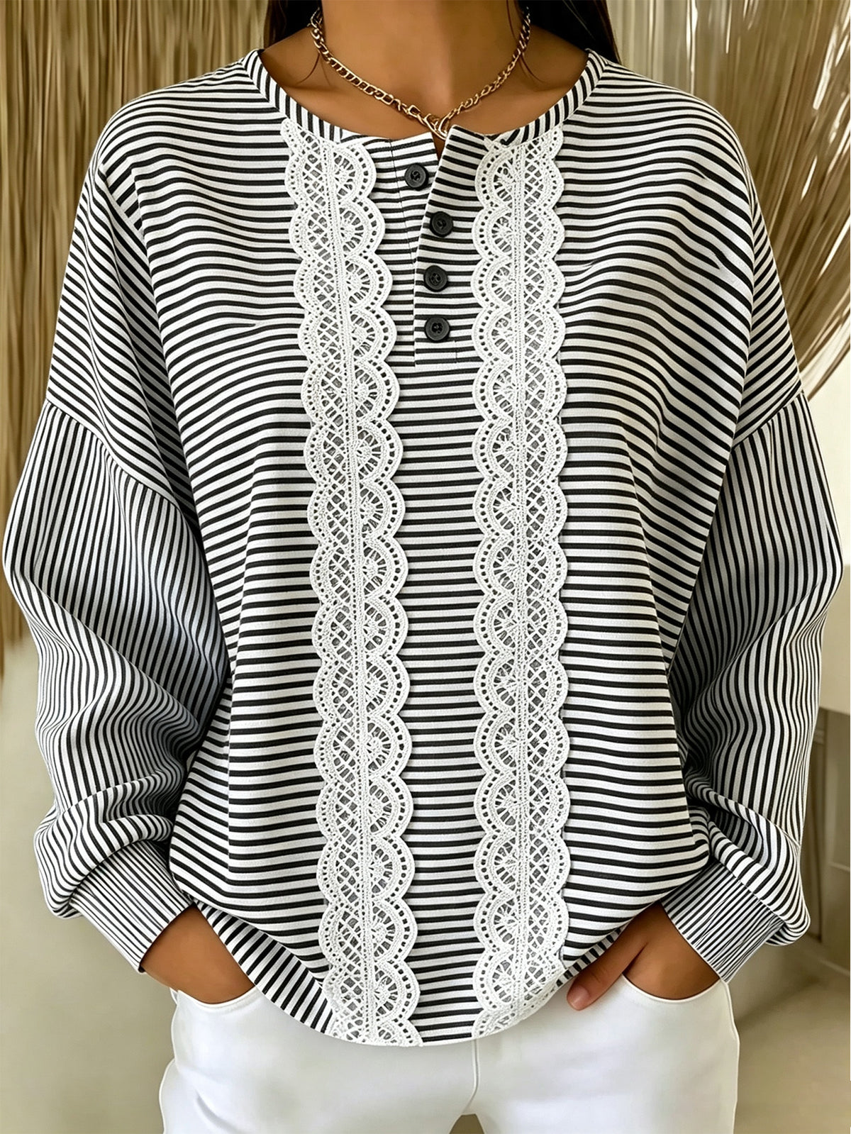 Women's Lace Trim Striped Crewneck Sweatshirt Loose Fit Casual Pullover