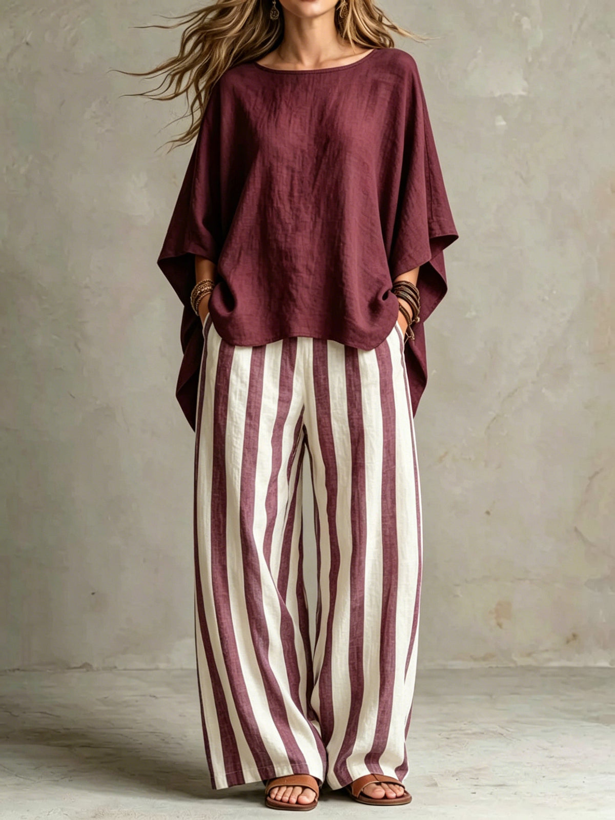 Women Relaxed Linen Stripe Wide-Leg Set