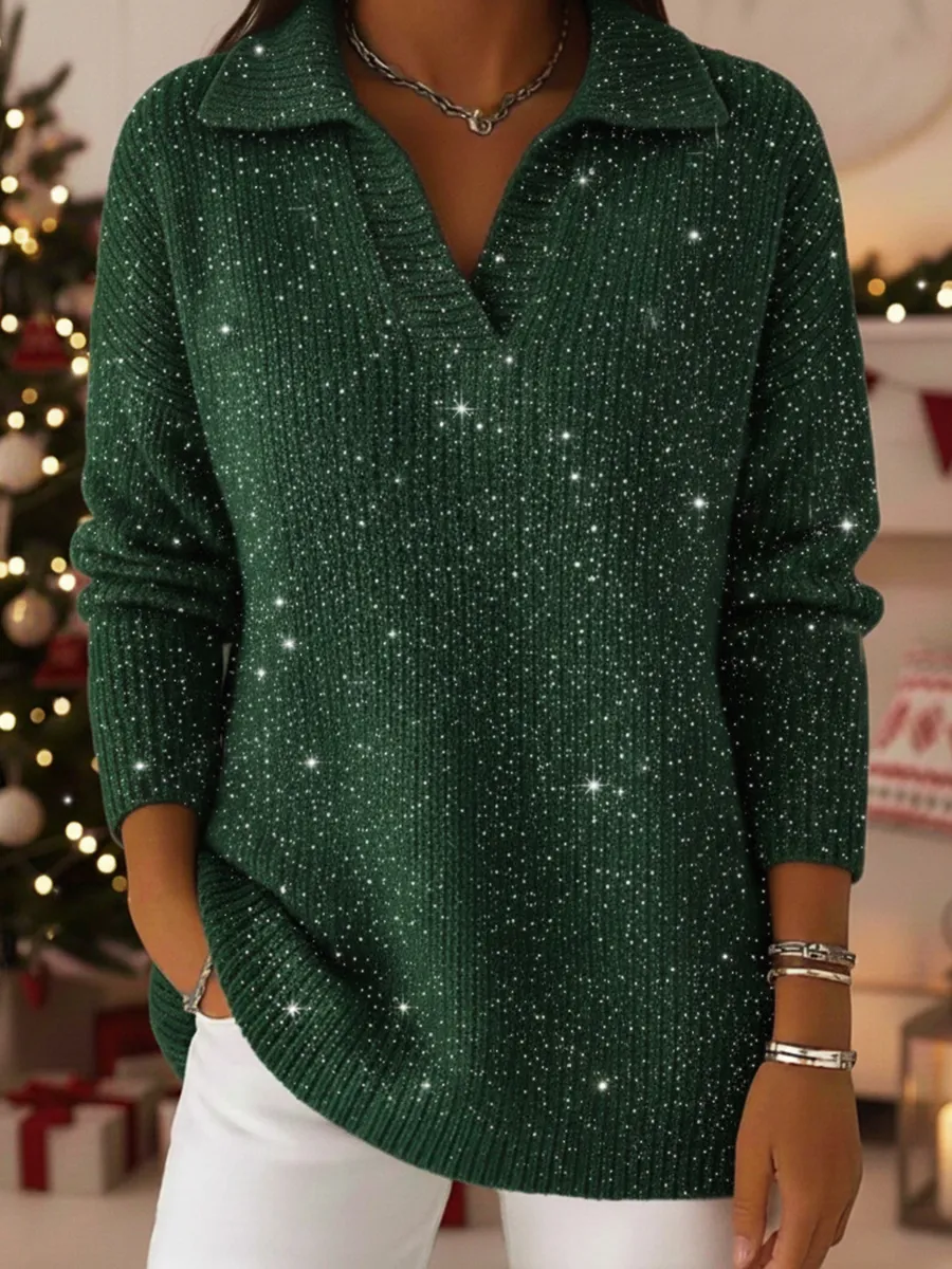✨ New Year Ready | Elegant Polo Collar Shiny Loose Sweater Top