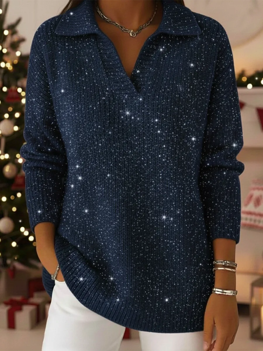 ✨ New Year Ready | Elegant Polo Collar Shiny Loose Sweater Top