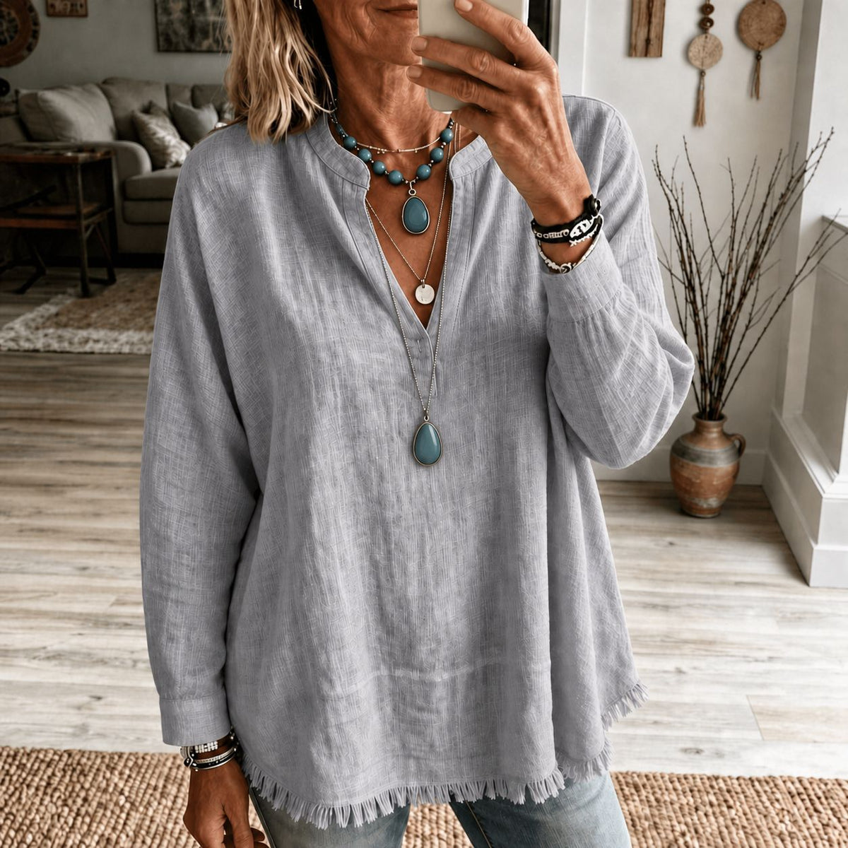 Women’s Fringe Trim V Neck Blouse, Loose Fit Long Sleeve Casual Tunic Top Boho Style Shirt