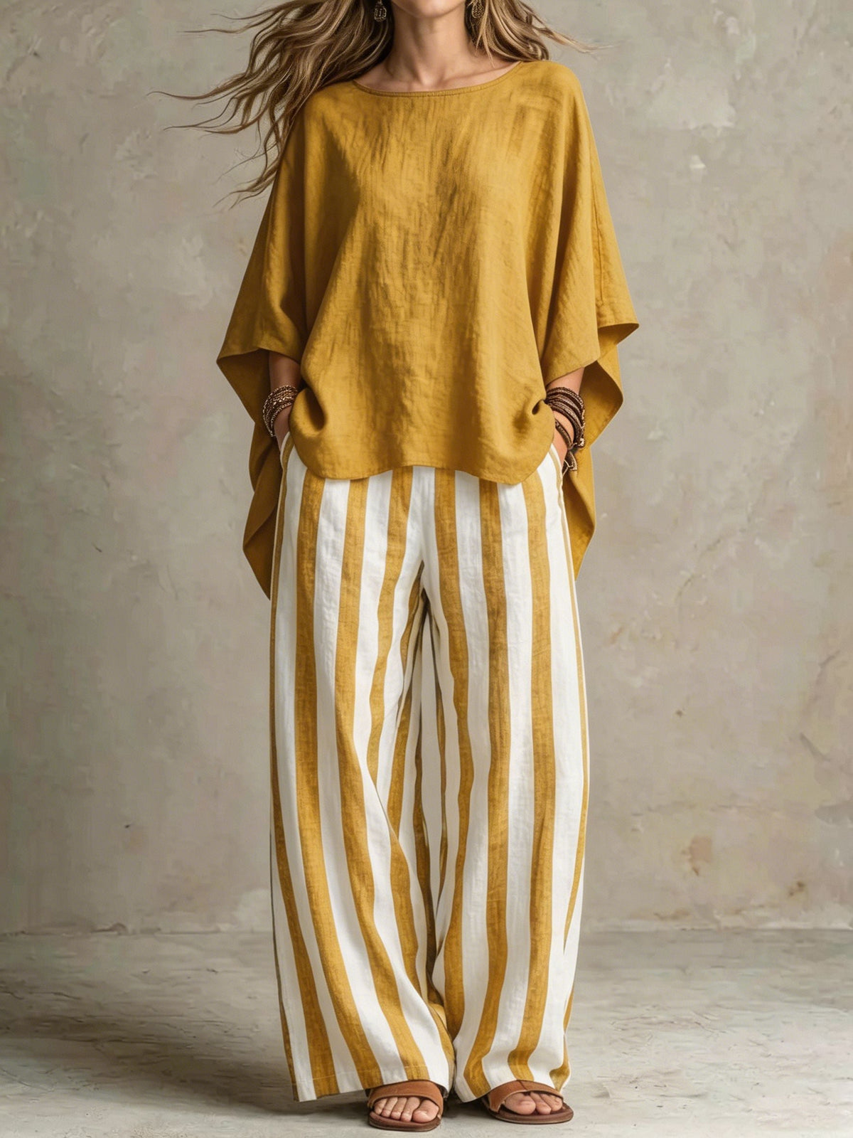 Women Relaxed Linen Stripe Wide-Leg Set