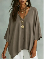 Women’s Relaxed V-Neck Chambray Blouse – Loose Fit & Plus-Size Friendly