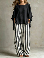 Women Relaxed Linen Stripe Wide-Leg Set
