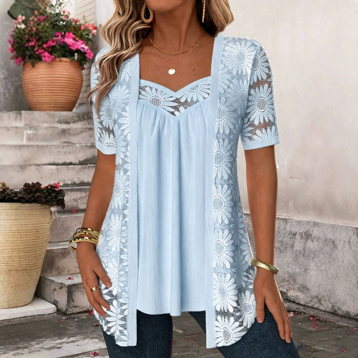 50% OFF🔥 Patterned Lace Mesh Hollow Faux Two Piece Top Elegant Short Sleeve Tunic Blouse
