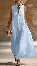【Free Shipping on 2 items.】Women's Loose-Fit Stand-Collar Linen-Cotton Dress