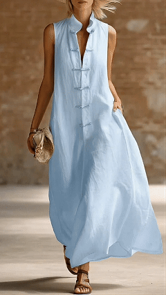 【Free Shipping on 2 items.】Women's Loose-Fit Stand-Collar Linen-Cotton Dress