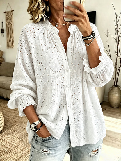 Women’s Eyelet Embroidery Ruffled Collar Puff 3/4 Sleeve Loose Button Down Blouse