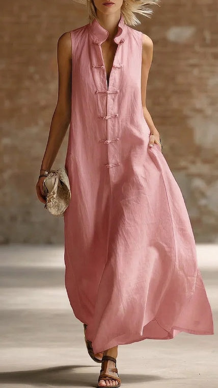 【Free Shipping on 2 items.】Women's Loose-Fit Stand-Collar Linen-Cotton Dress