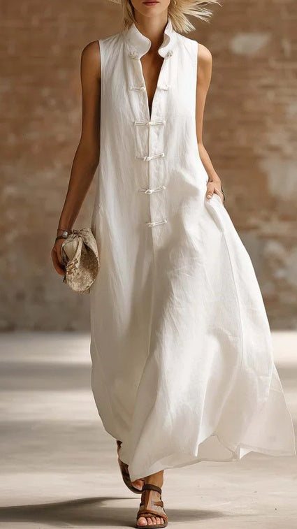 【Free Shipping on 2 items.】Women's Loose-Fit Stand-Collar Linen-Cotton Dress