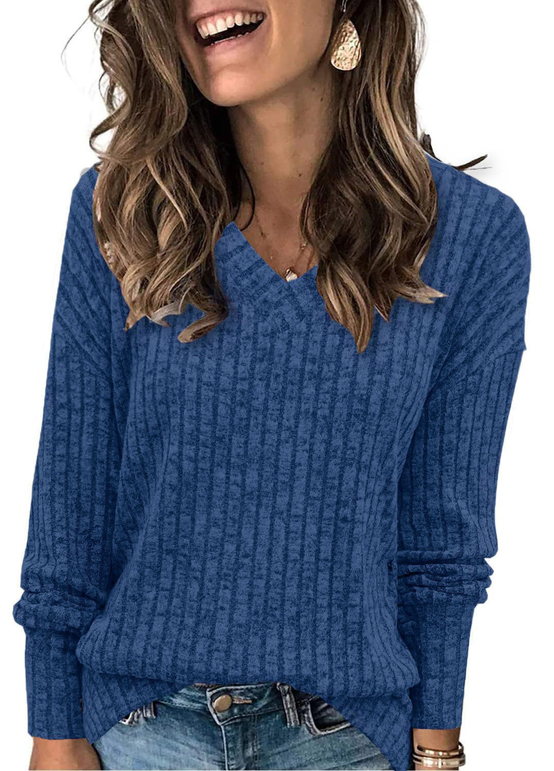 Ribbed V-Neck Knit Sweater