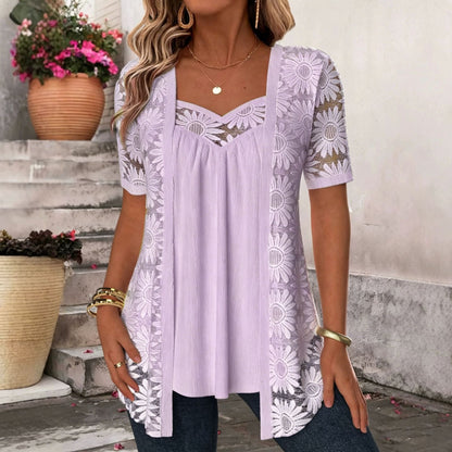 50% OFF🔥 Patterned Lace Mesh Hollow Faux Two Piece Top Elegant Short Sleeve Tunic Blouse