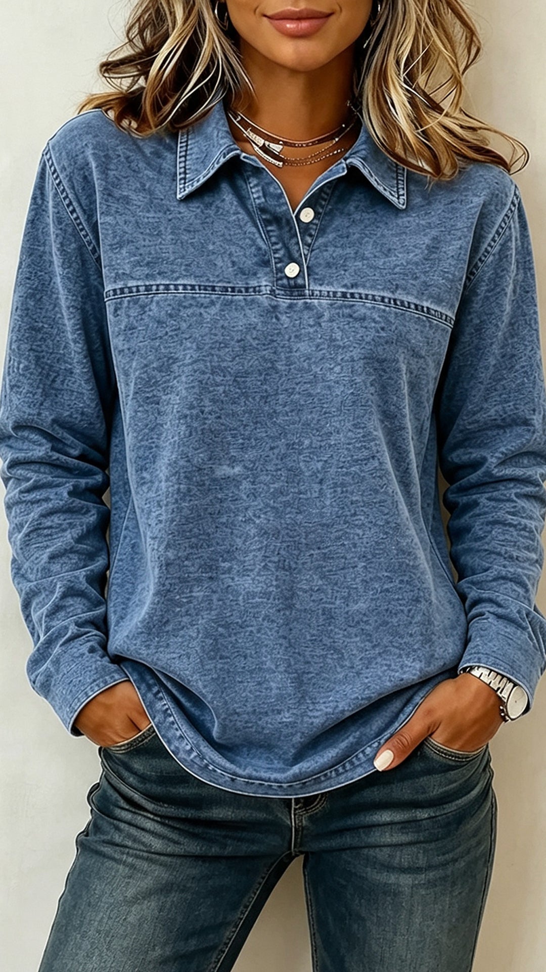 Women’s Washed Denim Look Long Sleeve Polo Shirt, Collared Half Button Casual Pullover Top