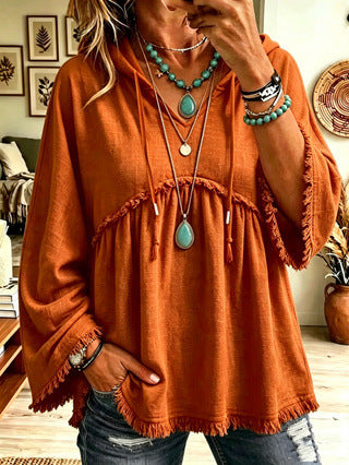 Women’s Hooded Flare Sleeve Top V-Neck Drawstring Fringe Hem Casual Blouse