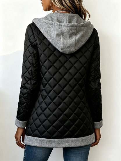 🧥 Women’s Quilted Jacket Hooded Knit Trim Open Front Padded Casual Winter Coat